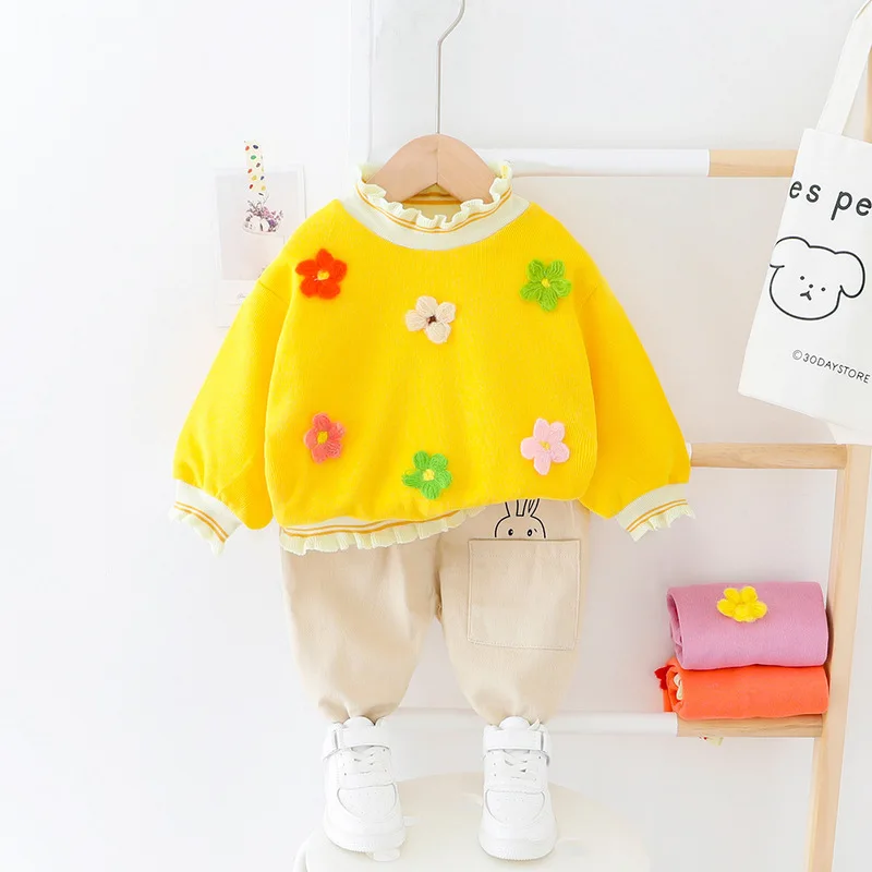 

Spring Petal Collar Infant Girl Set Sweet Long Sleeve Floral Hoodie+Trousers 2pcs Toddler Baby Set Children's Cotton Kids Outfit