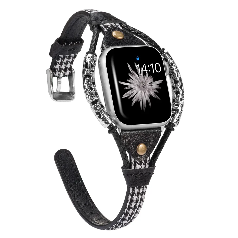 Grid Кожаный ремешок для Apple Watch Band 38 мм 42 мм для женщин ручной работы твист полоса винтажные заклепки с металлическим веревочным ремешком iwatch Series 4 3 2 - Цвет ремешка: Grid