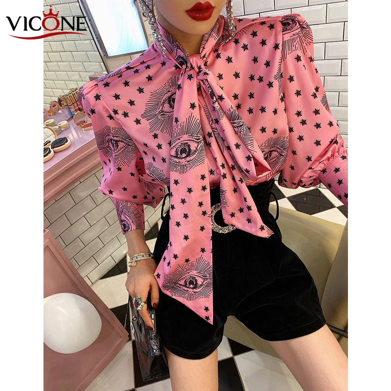 

VICONE Korean Print Hit Color Blouse Female Lantern Sleeve Bow Collar Large Size Lace Up Shirt Women 2020 Fashion New Clothes