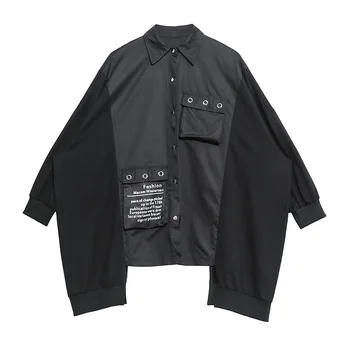 

LANMREM 2020 new oversize blouse spring fahion new Split Joint Long Sleeve Shirt high Street Tide Metal Decoration Shirt YH738
