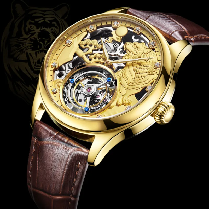 

Luxury Gold Tiger Skeleton Dial Men Tourbillon Mechanical Watch Zodiac Clock Crocodile Leather Man Wristwatches Free Print LOGO