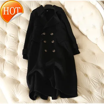

Alpaca Winter Sheep 2020 100% New Cashmere Women Autumn Long Woolen Coat Overknee V-neck Slim Women Black Wool Coat Fashion