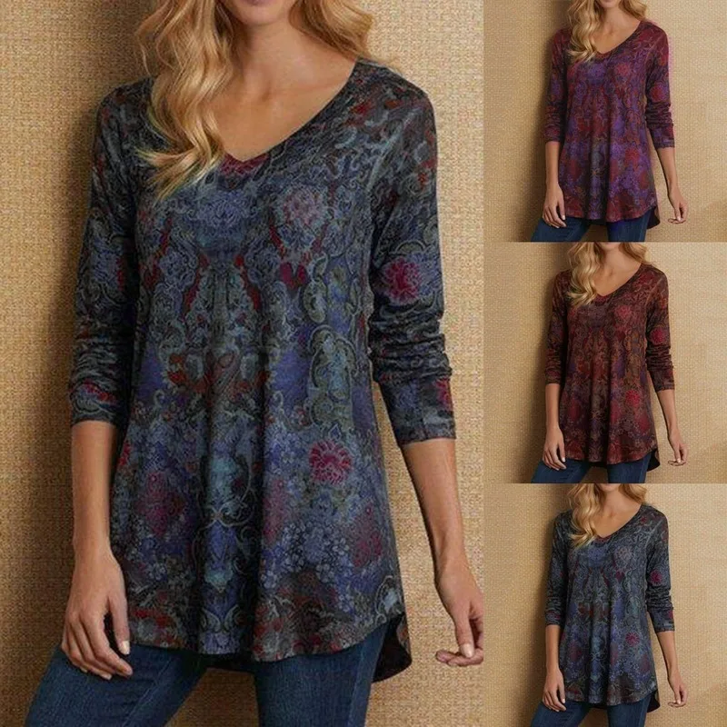 

Tshirt Women Winter Fashion Printed V-neck Loose Long Sleeve Tops Haut Femme Camiseta Mujer Harajuku Top Women T Shirt Poleras