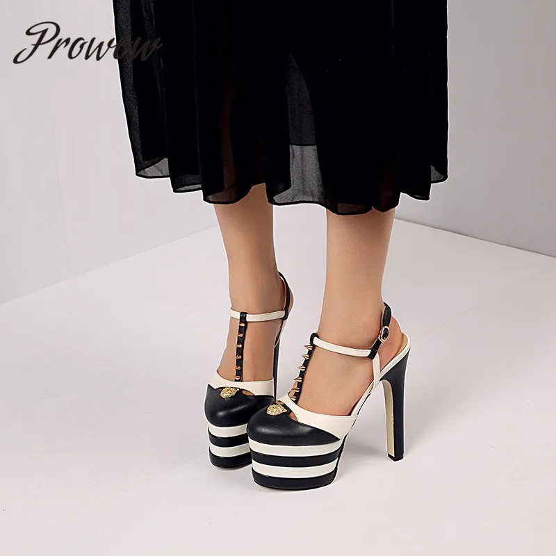 

Prowow New Genuine Leather Sexy Platform Spring Summer Pumps Round Toe Buckle Strap Super HIgh Heel Pumps Metal Studded Pumps