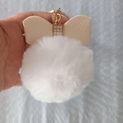 Cute Bowknot Pendent Rabbit Fur Pom Pom Keychain Bulk Fluffy Key Chain  Plush Crystal Leather Car