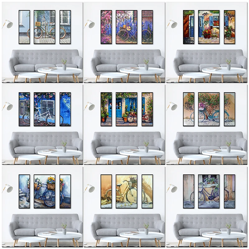 

CHENISTORY 3PC Oil Painting By Number Bicycle Scenery Handpainted Home Decoration Pictures By Number Houses Drawing Canvas Wall