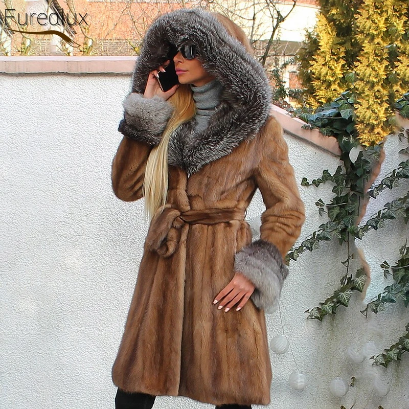 FUREALUX abrigos mujer elegantes talla grande abrigos de piel natural vison Apoyar las compras al por mayor abrigo visón Natural gorro de zorro para mujer, Parka gruesa y cálida de