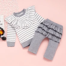 Мягкая хлопковая одежда для маленьких девочек комплект из 2 предметов, Одежда для новорожденных топы с рюшами на рукавах, толстовка+ штаны в полоску Младенцы Детские наборы для малышей