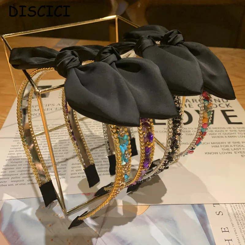 

DISCICI 2020 New Fashion Black Bow Temperament Women's Headband Color Stone Simple Hair Accessories Band Hairband WSH1179