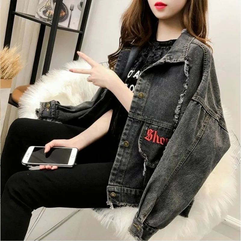 price reduction  Woherb Harajuku Womens Denim Jackets and Coats 2020 Vintage Ripped Frayed Black Jeans Jacket Letter