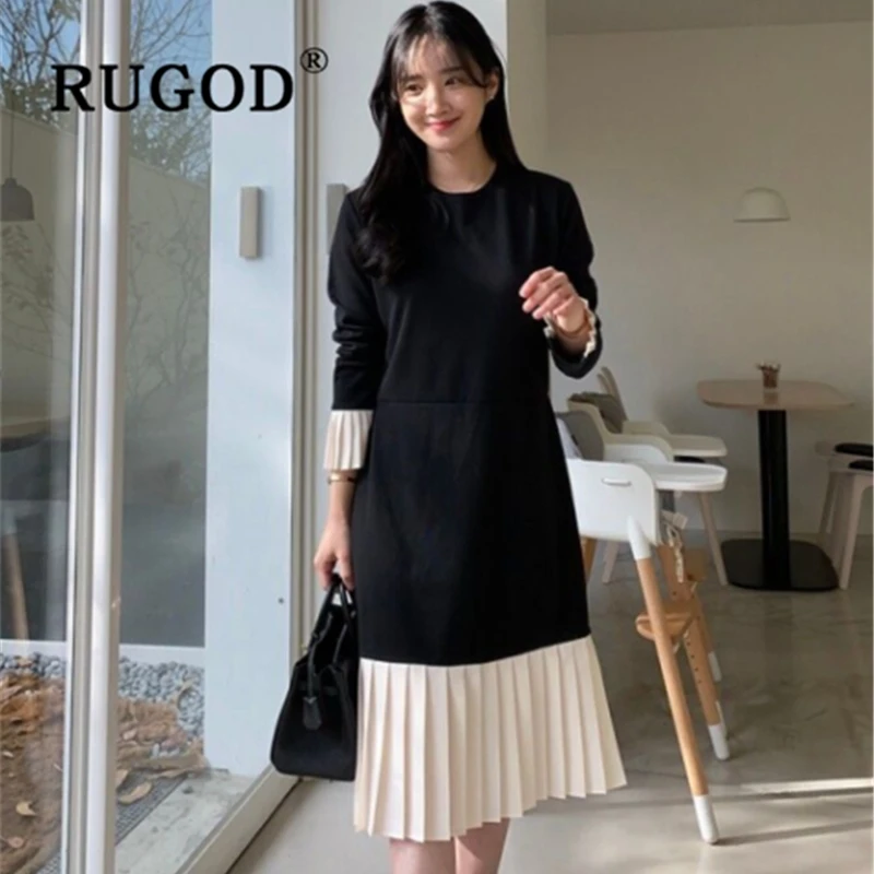 RUGOD модное лоскутное Плиссированное длинное платье для женщин в Корейском стиле