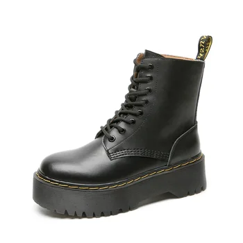 

Genuine Leather Platform Ankle Boots Women Retro Motorcycle Booties Autumn Winter Female Shoes Black Height Increase Martin Boot