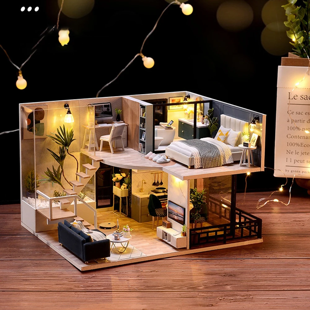 DIY Dollhouse Building Kit mit Möbeln & LED Leuchten & Cover Case Kreativraum 