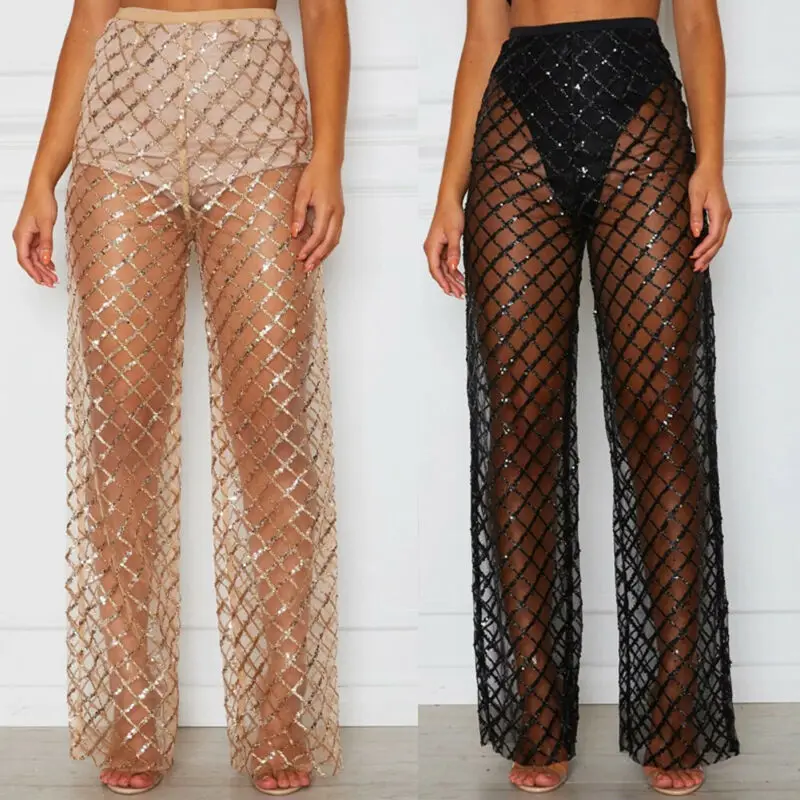 New Women See Through Mesh Net Crochet Cover-Ups Beach High Waist Wide Long Pants Lace Sheer Swimwear Summer Bathing Suit 2020 |