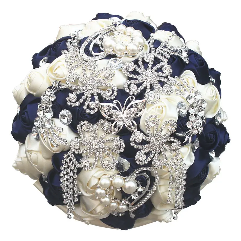 dark blue ivory Слоновой кости розы свадебный букет шелковая лента свадебные цветы невесты букеты бриллиантовая брошь букет ramos novia W2285 - Цвет: dark blue ivory