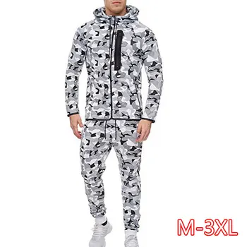 

2 Pieces Sport Tracksuit Men Camouflage Print Ropa Hombre Set Zipper Pocket Hoodies Jackets + Pencil Jogging Homme Casual Sets