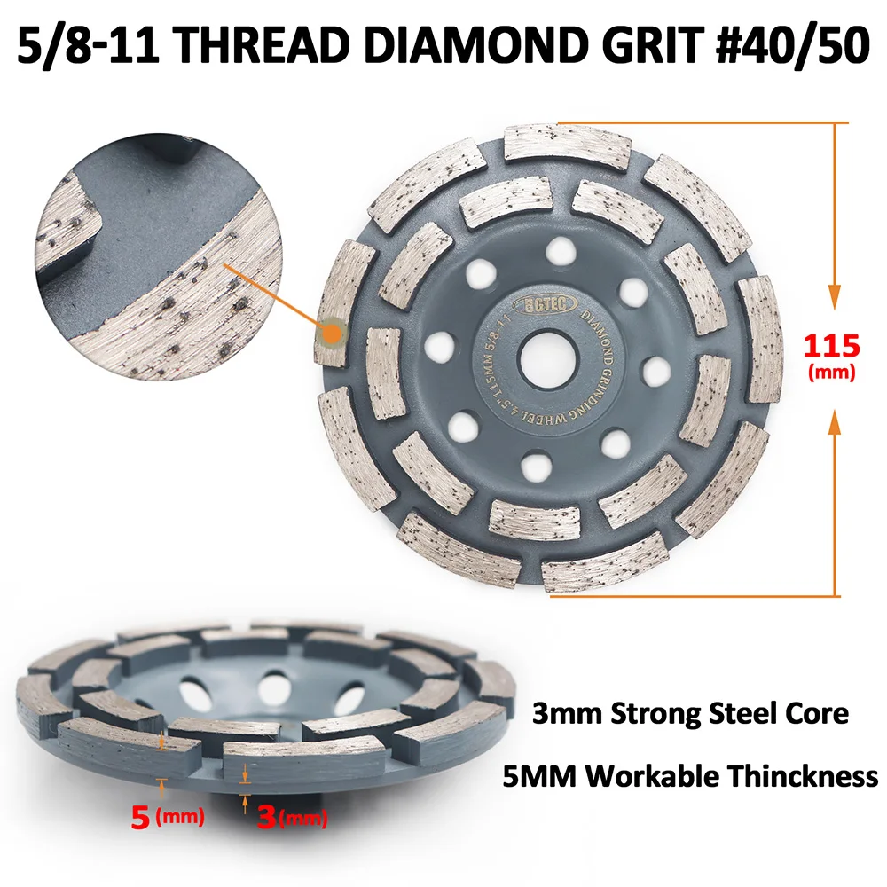 BGTEC 2pcs 4.5inch Diamond Double Row Grinding Cup Wheel 115mm concrete, Masonry, Granite marble Grinding discs