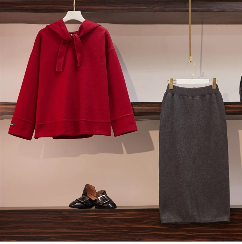 Подиум Женский Плюс Размер 4XL комплект из 2 предметов осенний длинный рукав с капюшоном Красный пуловер толстовки+ вязаная юбка комплект из двух предметов вязаный костюм