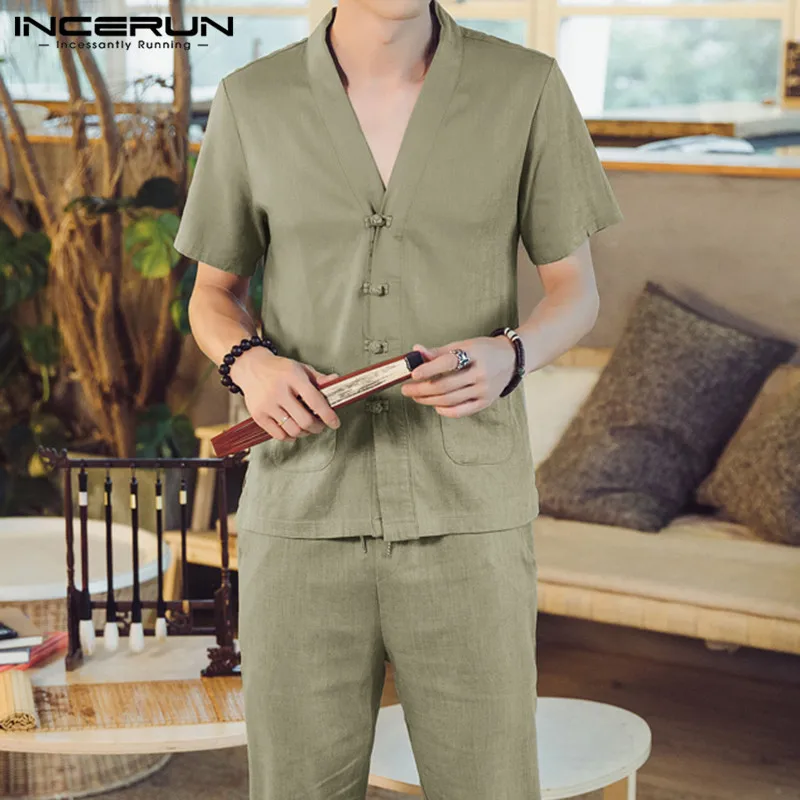INCERUN Summer Vintage Solid Color Men Sets V Neck Short Sleeve Shirt Tang Suit Calf Length Pants Cotton Chinese Style Mens Sets INCERUN Summer Vintage Solid Color Men Sets V Neck Short Sleeve Shirt Tang Suit Calf Length Pants Cotton Chinese Style Mens Sets