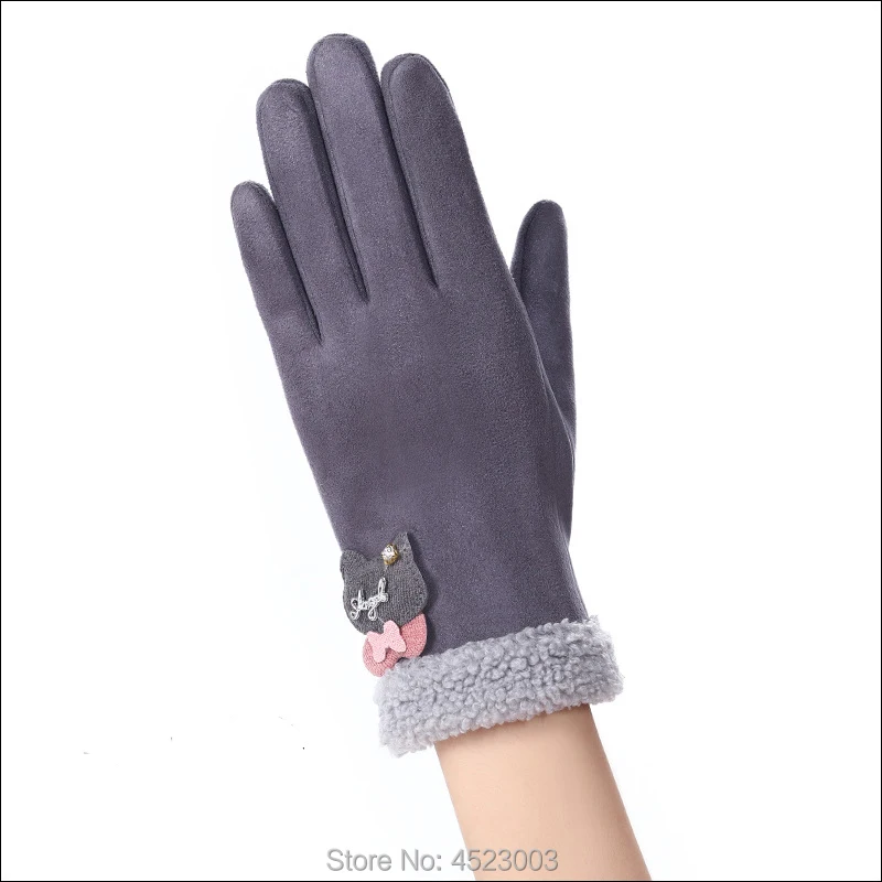 Женские зимние теплые перчатки с сенсорным экраном, кашемировая замша, на запястье, полный палец, кролик, открытые варежки, модные перчатки для девушек