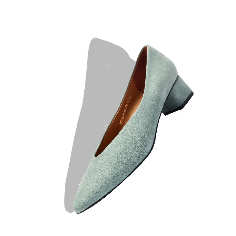 Light green Women Shoes Heels 2019Heels Thick Shallow Suede High Heels Square Toe Genuine Leather Sheepskin Square heel Covered mid heel - Цвет: Light green
