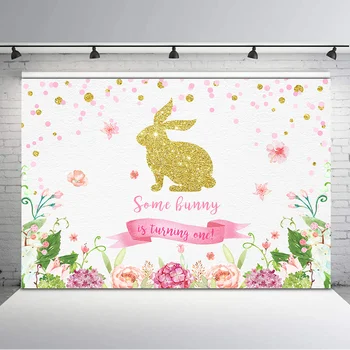 

Golden Flash Bunny 1st Birthday Photography Background Rabbit Green Leaf Pink Flower First Birthday Party Decor Banner Backdrops