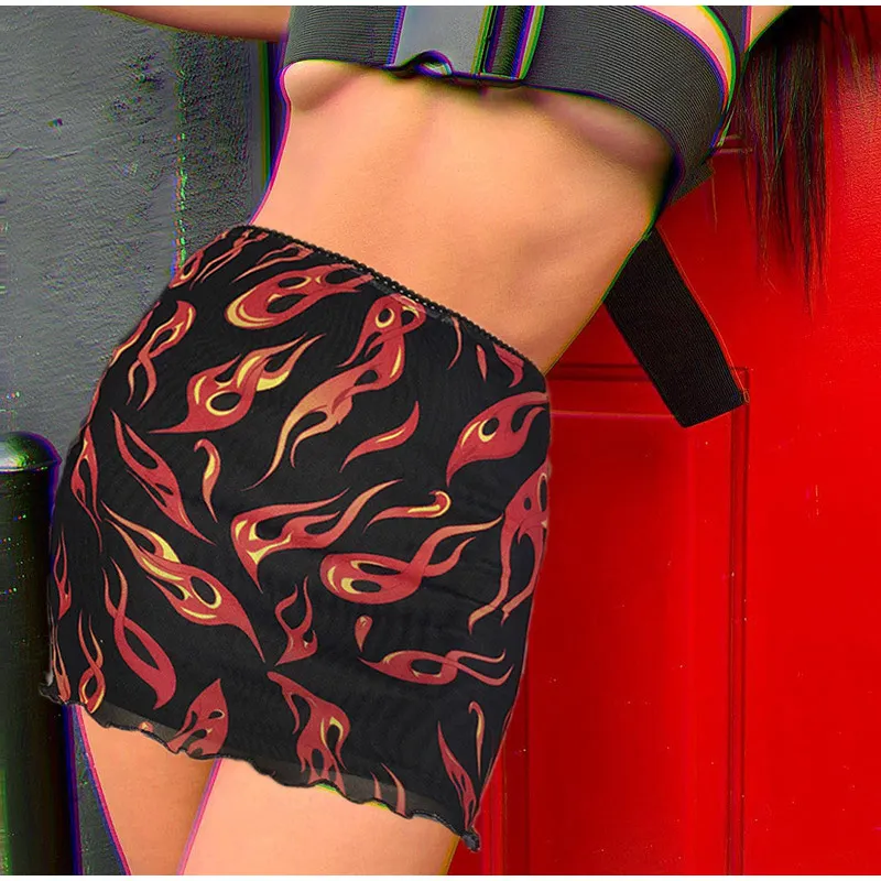 Женская Лоскутная сетчатая Сексуальная юбка Harajuku Kawaii уличная пламенная огненная печать юбки двухслойная Высокая талия женские юбки