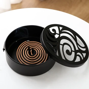 

Round Incense Burner Wrought Iron Office Home Mosquito Coil Holder Portable With Handle Hollow Out Garden Fire Prevention
