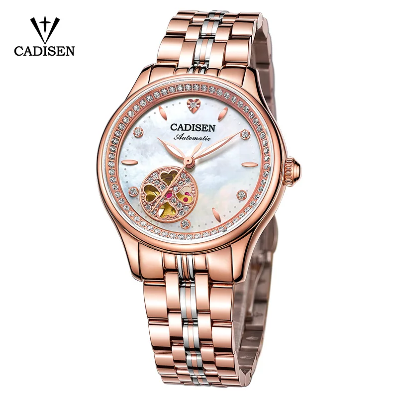 

CADISEN 2019 New Lightweight Luxury Ladies Automatic Watch Luxury Fashion Rose Gold Stainless Steel Watch Luminous Waterproof