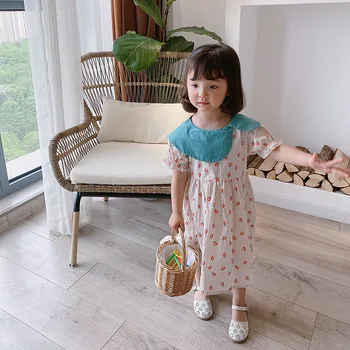 

3712 2020 Summer Girls' Doll Neck Dress Children's Princess Dress New Girls' Dress Printed Cotton Dresses For Girls With Bowtie