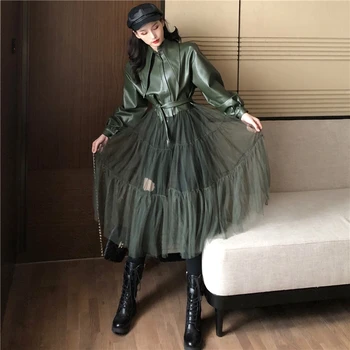 

Spring Pu Leather Jacket Women Split Joint Gauze Skirt Chaqueta Mujer Veste Femme Street Fashion Elegant Korean Black Coat