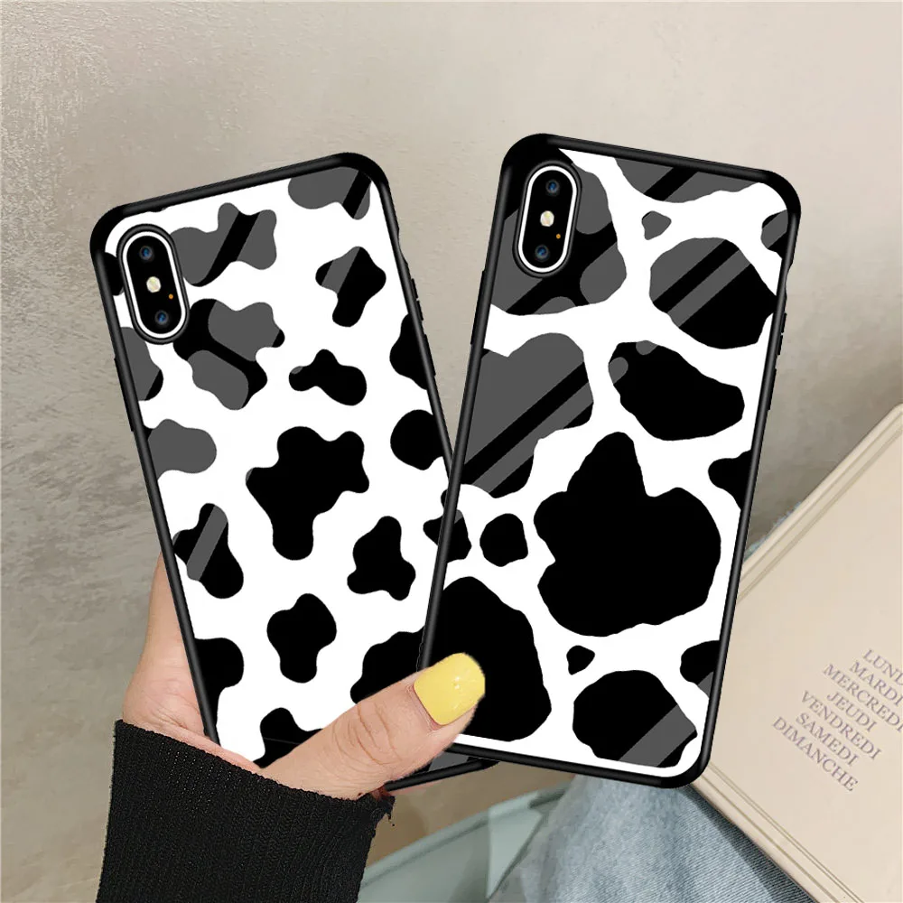 

New Soft Silicone Rubber Tempered Glass Phone Case Cover for IPhone 7 8 Plus X Xs 11 Pro Max XR Cow Print Black White Case Coque