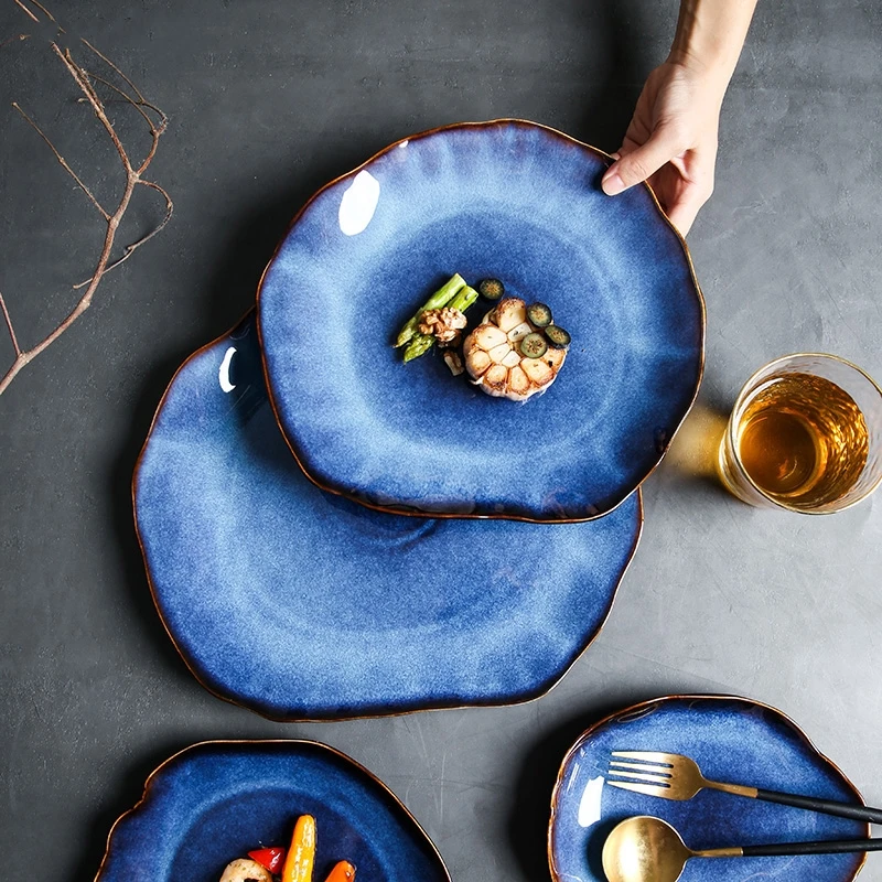 Talerze ceramiczne głęboki błękit nieregularne płaski talerz ceramiki danie domowych dekoracji naczynia stołowe taca Hotel przybory kuchenne