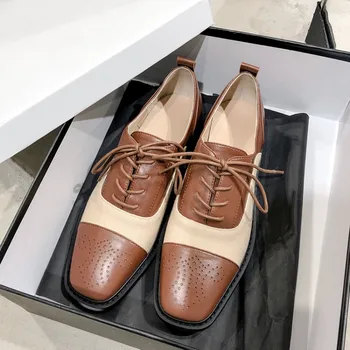 

MLJUESE 2020 women pumps autumn spring soft cow leather lace up brown color cut-outs square toe lady shoes party dress wedding
