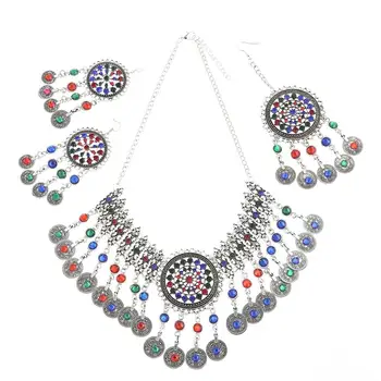 

Bohemian Flower Ethnic Alloy Turkish Gypsy Coin Tassel Necklace Earrings Hair Clips Women Bridal Indian Jewelry Sets