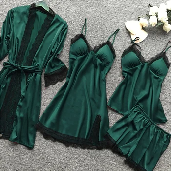

2019 Women Pajamas Set Satin Sleepwear Silk 4 Pieces Nightwear Pyjama Spaghetti Strap Padded Lace Sleep Lounge Pijama