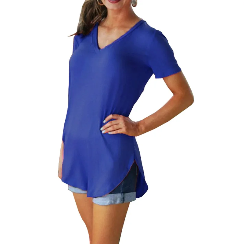 S-5XL, летняя Однотонная футболка, Женская Сексуальная футболка с v-образным вырезом и коротким рукавом, Повседневная Свободная Базовая черная белая футболка, топы для женщин - Цвет: Blue-2