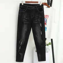 Женские черные джинсы размера плюс 5XL, Рваные Джинсы бойфренда, женские джинсовые штаны-шаровары, повседневные свободные женские джинсы для мам C5711