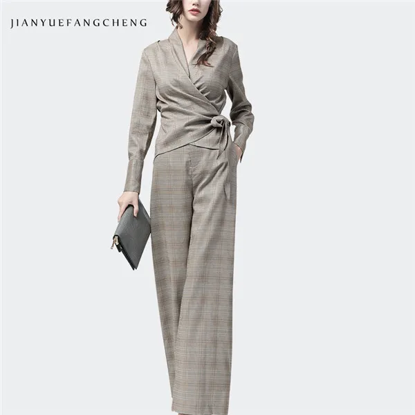 Gray Plaid Женский комплект из 2 предметов, топ и широкие брюки, серые клетчатые женские костюмы с принтом, комплект из 2 предметов, большие размеры, Офисная Женская Осенняя одежда - Цвет: Gray Plaid