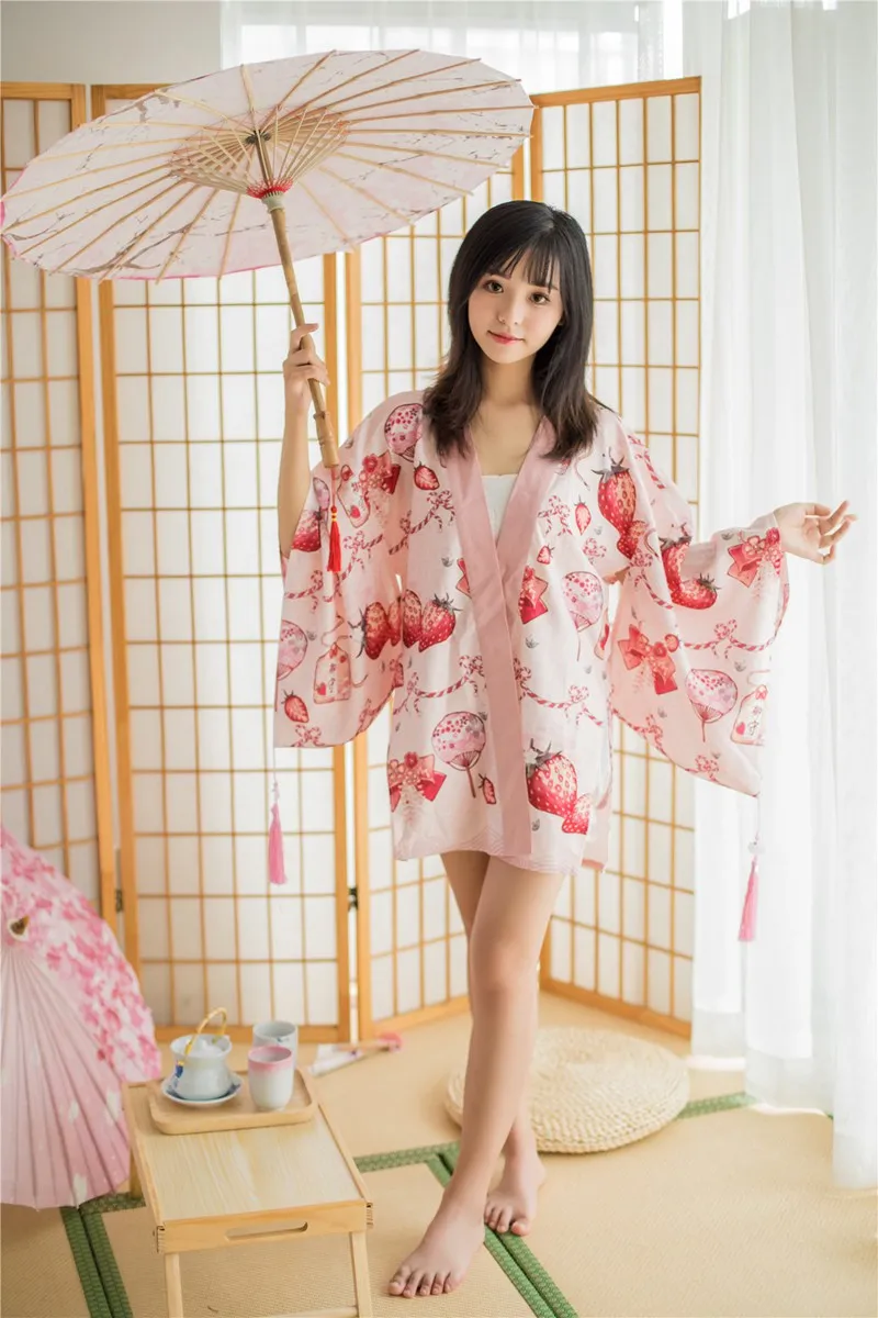 

Japanese Style Kimono Jacket Red Cute Strawberry Long Haori Coat