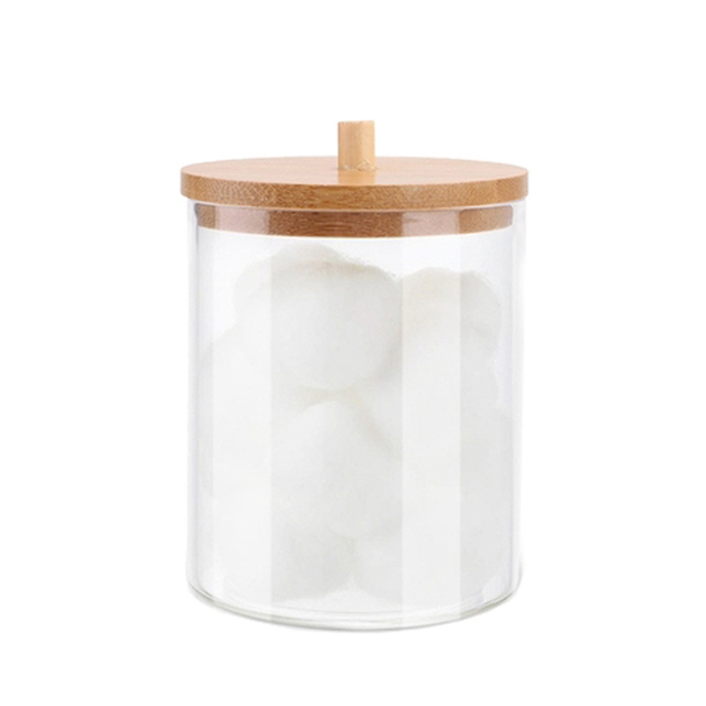 Swab Storage Bamboo Cover Acrylic Round Container Cotton Puff Storage Box Makeup Remover Box Makeup Storage Organizer