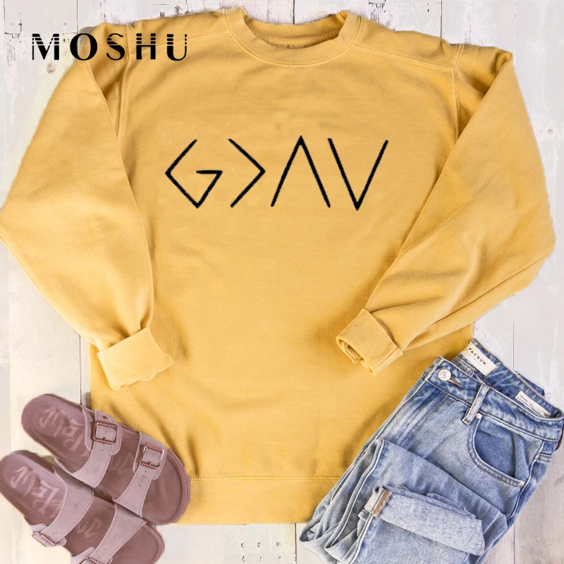 

Women Sweatshirt Long Sleeve Yellow Hoodie Female O neck Pullovers God Is Greater Than The Highs and Lows Letter Ladies Tops