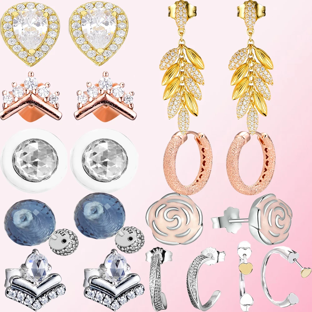 925 пробы, серебряные, классические, синие, мерцающие, серьги в виде Розы, два сердца, женские, очаровательные, модные, сделай сам, ювелирное изделие