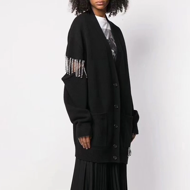 TWOTWINSTYLE, женские кардиганы в стиле пэчворк с кисточками, женские свитера с v-образным вырезом и карманами, осень, новинка - Цвет: Black