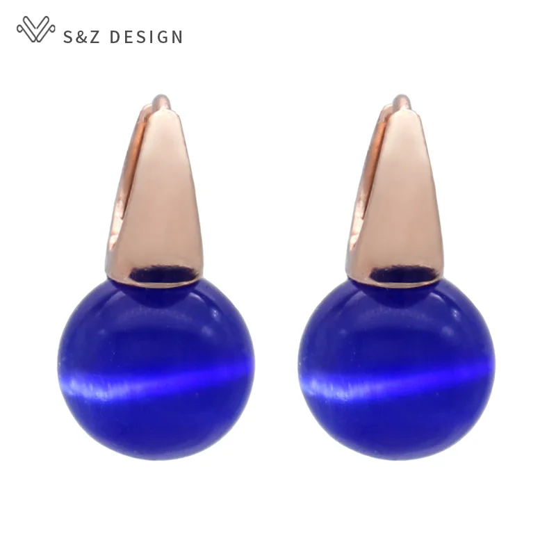 S&Z DESIGN New Fashion Round Cat's Eye Opals Beads Dangle Earrings For Women Wedding Rose Gold Color Jewelry