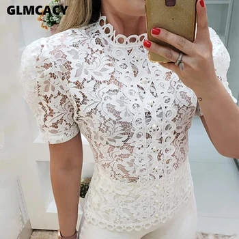 

Women SummerTurtleneck Top Solid Lace Hollow Out Casual Blouse Female Long-sleeve Short Sleeve Shirt