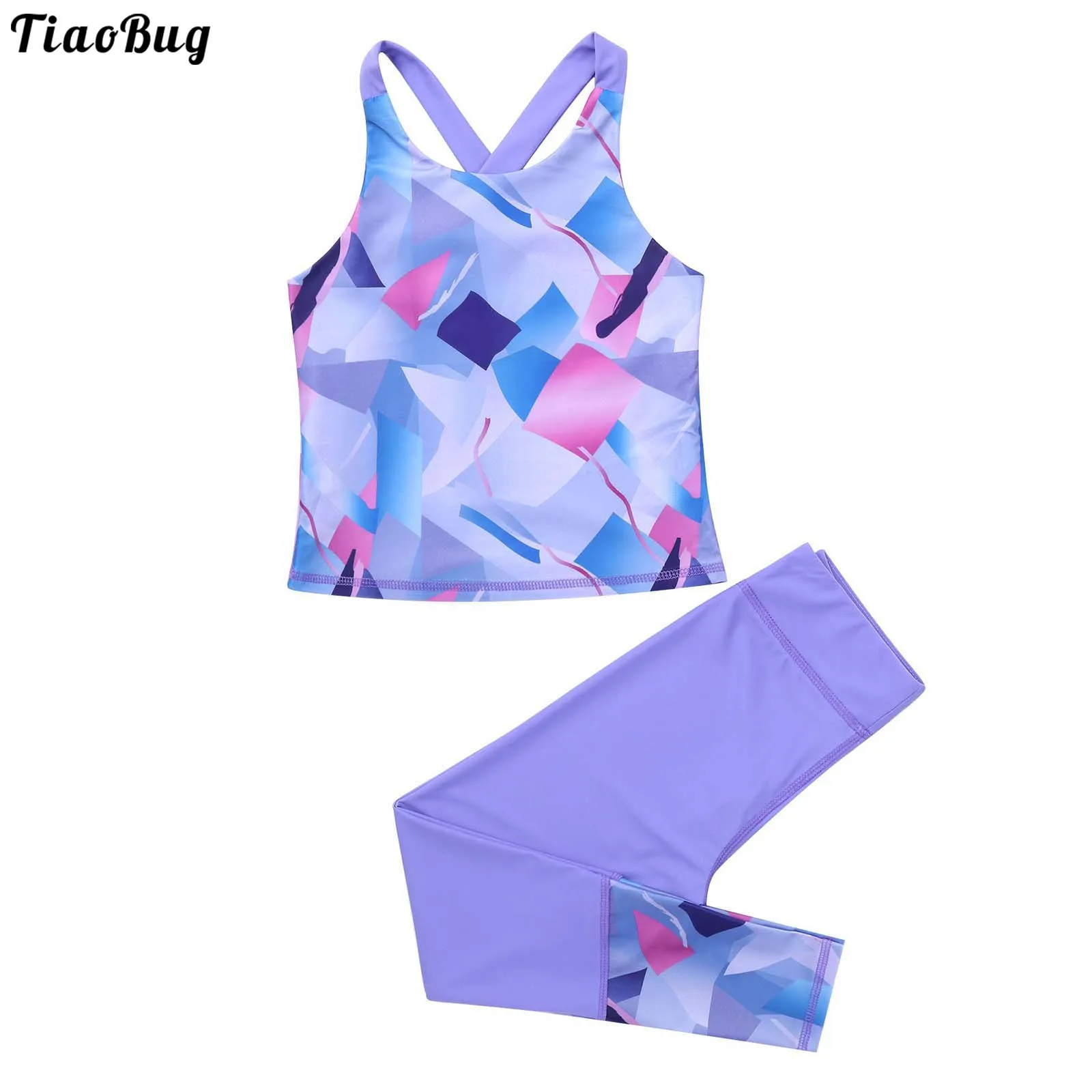 

TiaoBug Summer Kids Girls Floral Printed Sportwear Outfit Tank Top With Pants Leggings Sets For Yoga Fitness Gym Running