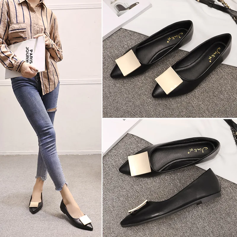 Plus Size 34-45 metal buckle ballet flats female pointed toe ballerina slip on office shoes women solid soft bottom moccasins | Обувь