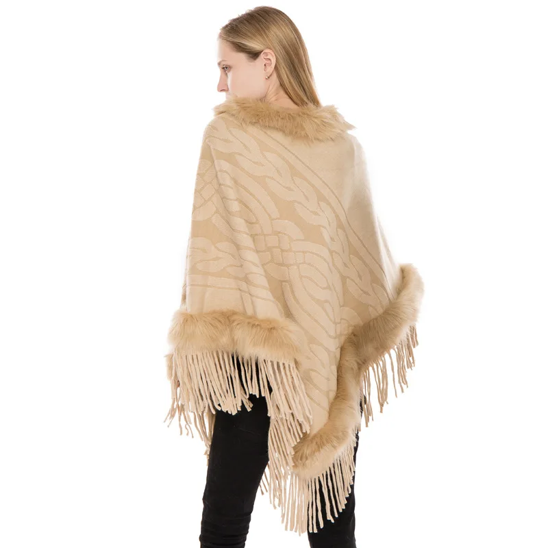 Fashion Women luxury Faux fur collar fur fringed ponchos and cape Top Quality Knitted Ponchos New warm Jacquard sweater shawls