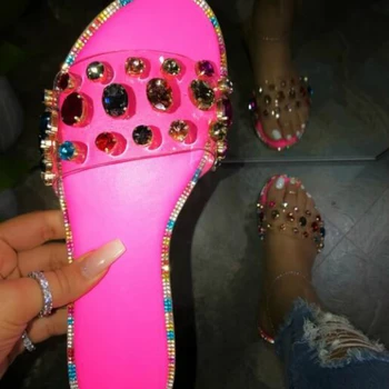 

Luxury Women Summer Slippers Peep Toe Rhinestone Flat Heel Platform Slides Fashion Beacg Outdoor Ladies Shoes Zapatos De Mujer